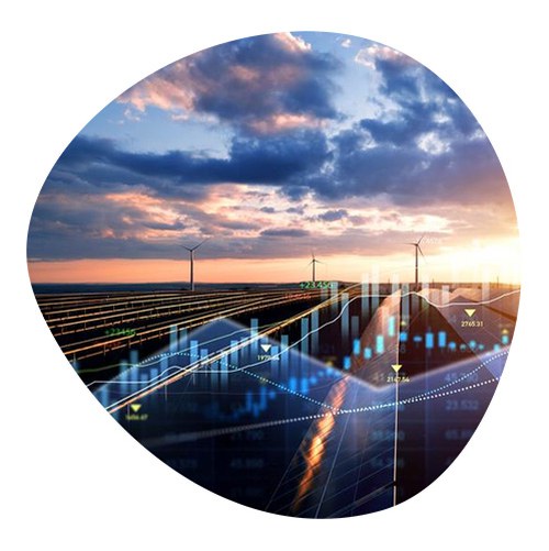 Evocative image of a station superimposed by an abstract digital energy system