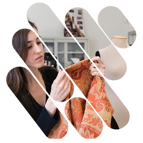 Student examining a fabric with a mannequin behind her
