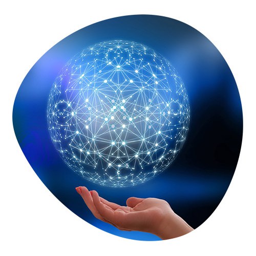 Abstract image of a hand holding up a globe composed of interconnected digital lines on blue background