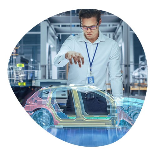 Automotive Engineer Using Augmented Reality to Construct 3D Model of Electric Car.