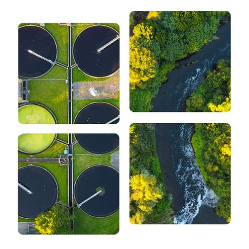 Wastewater treatment plant viewed from above, situated next to a river.