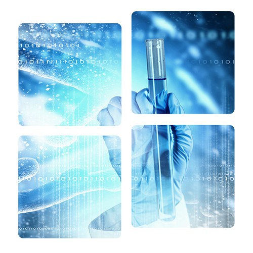 Abstract image of a doctor holding in hand a syringe with blue liquid on background inherent to the world of technology