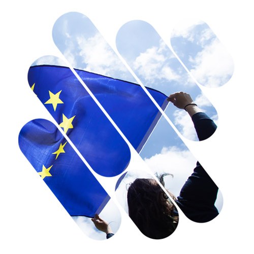 A student holding the European Union flag