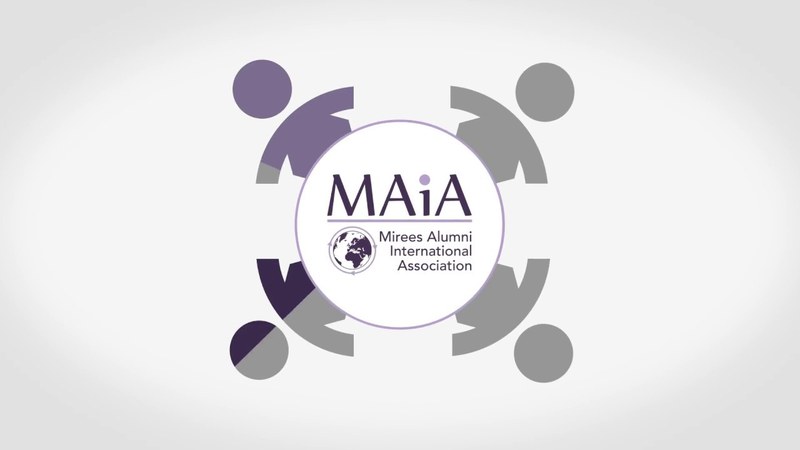Picture of the MAiA logo: four grey and purple sticky figures sticking out of a circle with written "MAiA- Mirees Alumni international Association" in purple.