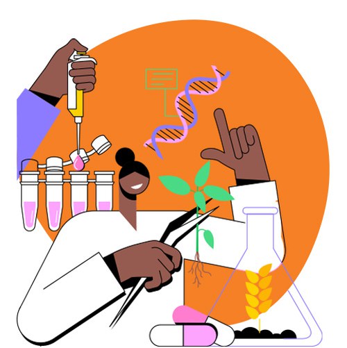 illustrazione colorata di una scienziata che usa delle provette e lavora in laboratorio