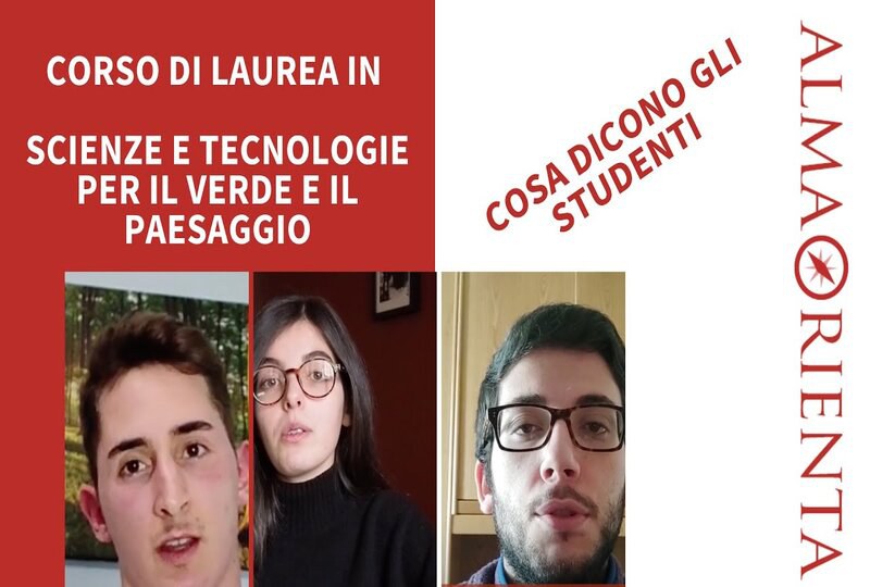 Copertina Alma Orienta intitolata "Cosa dicono gli studenti".Sotto la scritta che indica il nome del corso ci sono tre foto di due studenti e una studentessa.