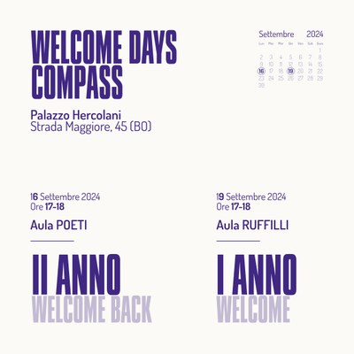 Grafica contenente informazioni quali data, ora e luogo dei Welcome Days del Corso COMPASS UNIBO