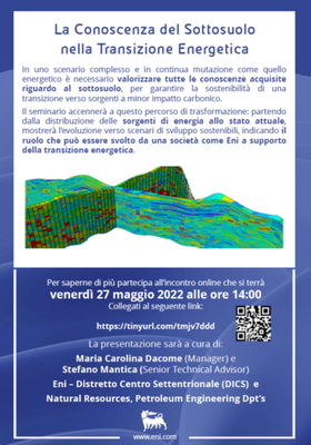 Locandina seminario " La conoscenza del sottosuolo nella transizione Energetica"