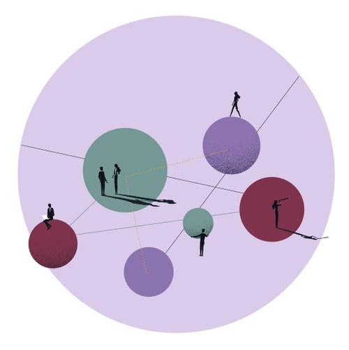 Illustrazione di persone che fluttuano dentro a dei cerchi in coppia o come singoli