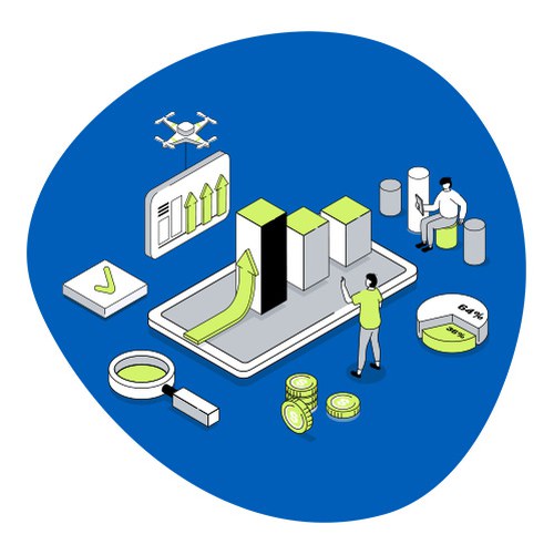 Illustrazione di alcune persone che lavorano ad uno modello complesso di grafici e forme geometriche