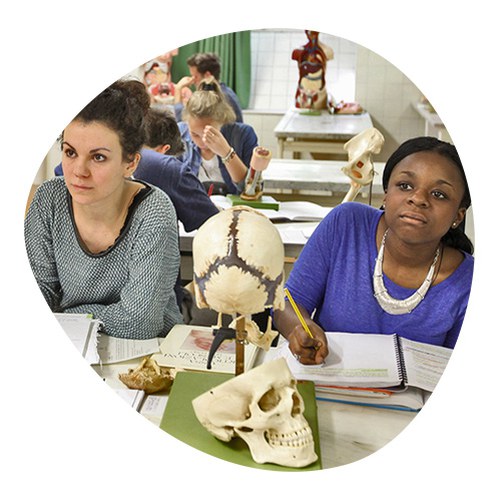 Due studentesse in aula concentrate sulla lezione di anatomia