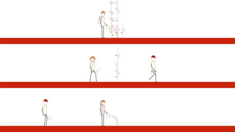 This image shows drawings of different people watering plants in a row on three different levels. The dominant colors in this picture are white and red.